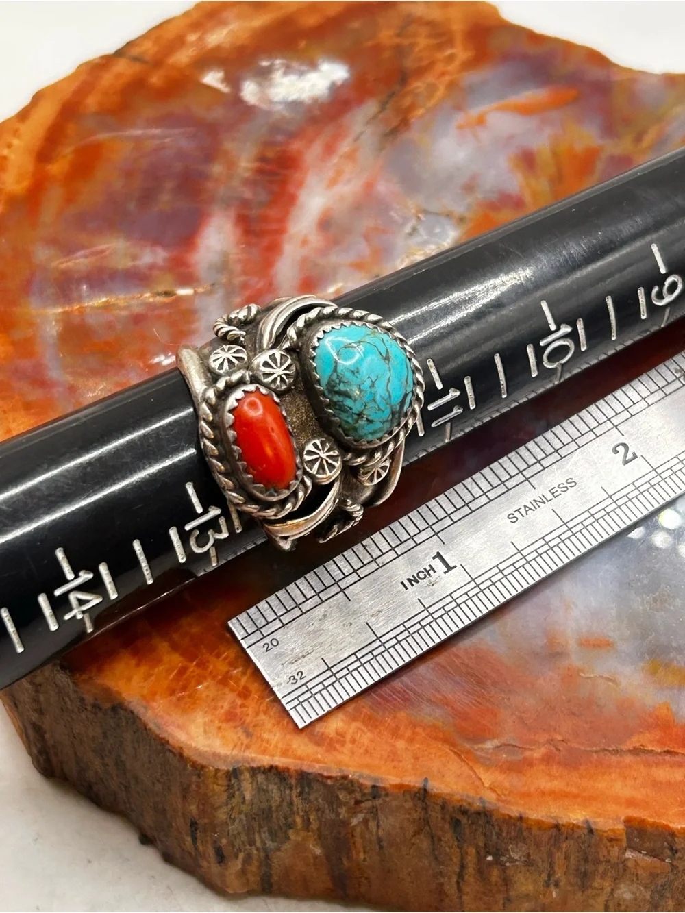 Southwest Sterling Silver Coral and Turquoise Ring - Size 12